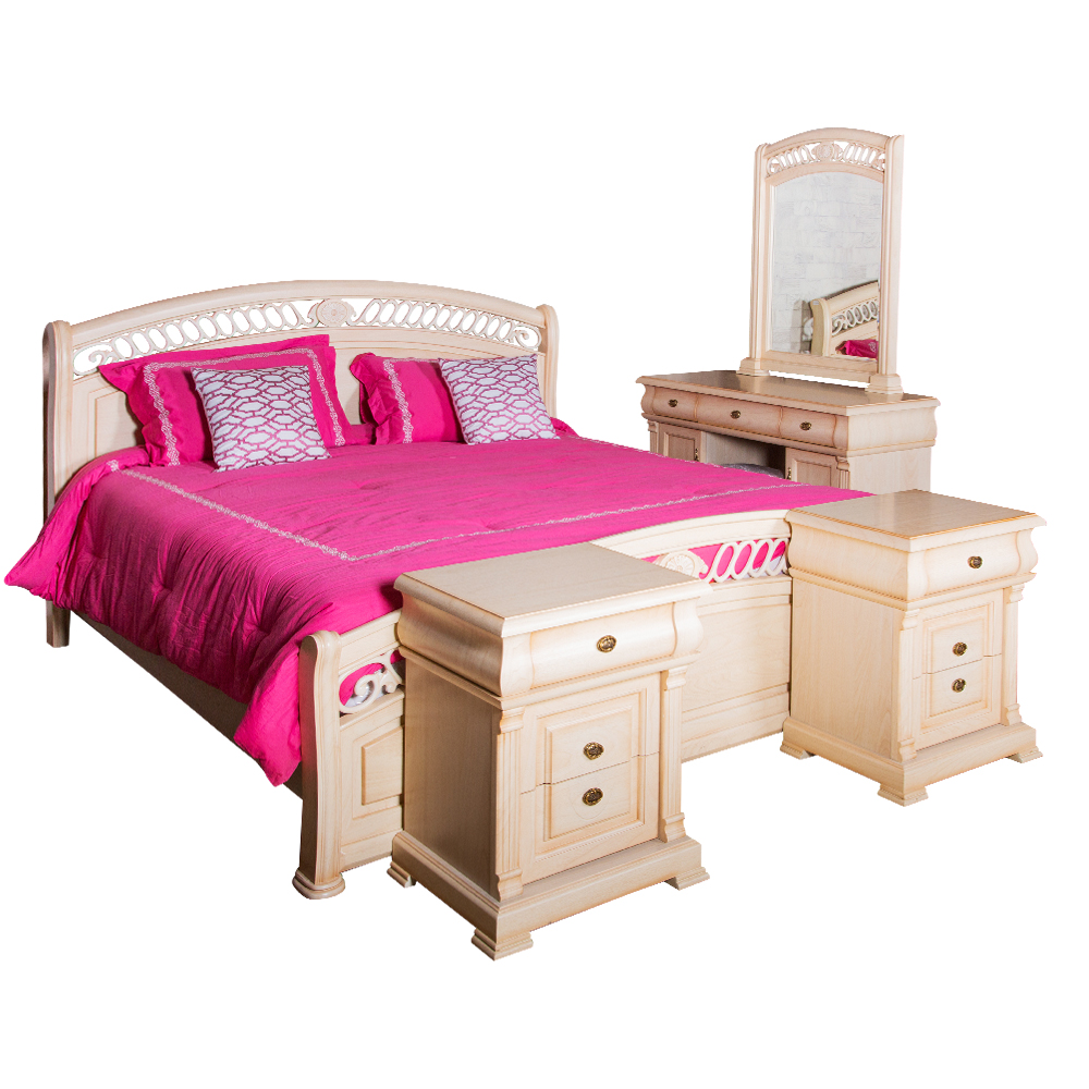 Wooden Bed; (1.8M) +2 Night Stands + Dresser+Stool+ Mirror