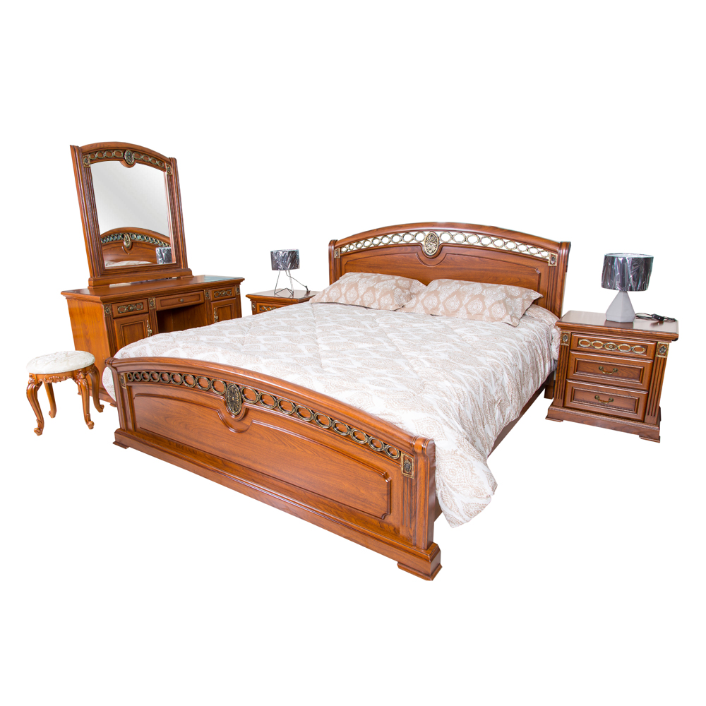 Wooden Bed; (1.8)M +2 Night Stands +Dresser + Mirror + Stool, Brown