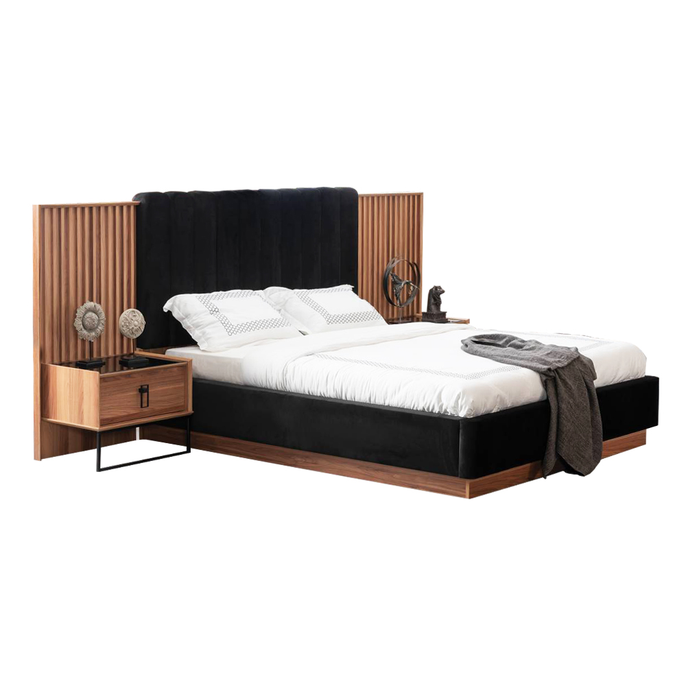 King Bed With Storage; (205x220cm) + 2 Bed Side Tables, Brown