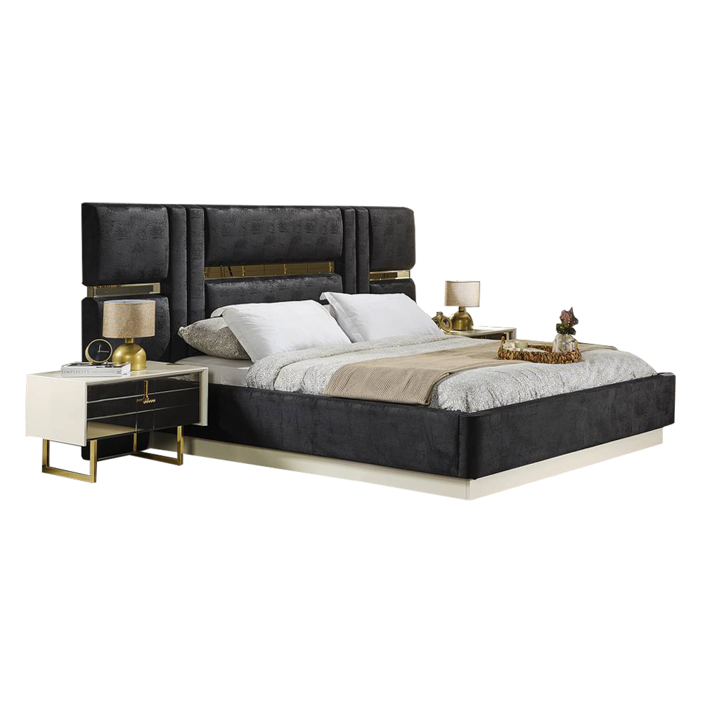 King Bed With Storage; (205x220cm) + 2 Bed Side Tables, Cream
