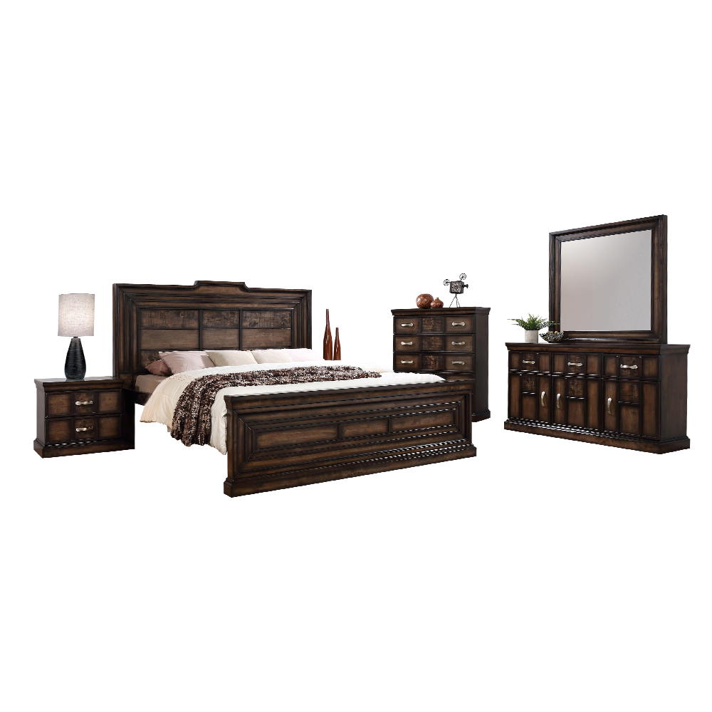 King Bed; (180x200)cm +2 Night Stands + Dresser + Mirror, Brown