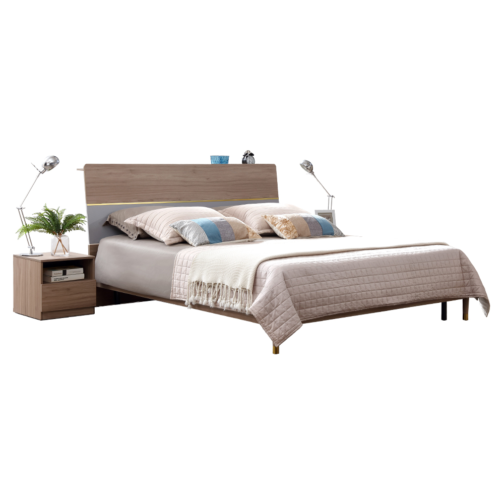 King Bed with USB Charging Socket; (191x222x107)cm + 2 Night Stands, Walnut/Light Grey