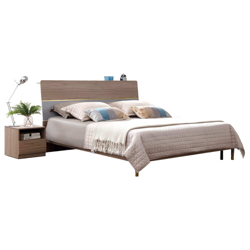 Single Bed with USB Charging Socket; (131x222x107)cm + 1 Night Stand, Walnut/Light Grey