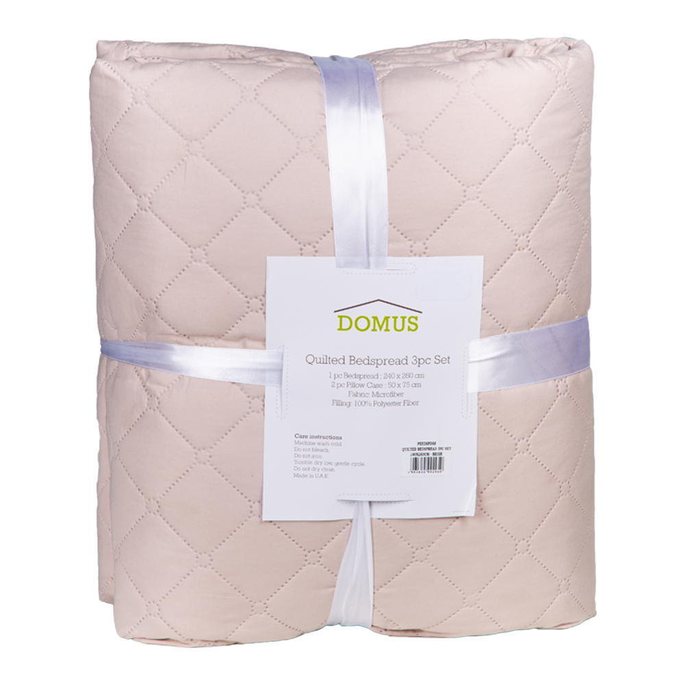 Domus: Quilted Microfiber Bed Spread Set, 3 Pcs; (240x260)cm, Beige