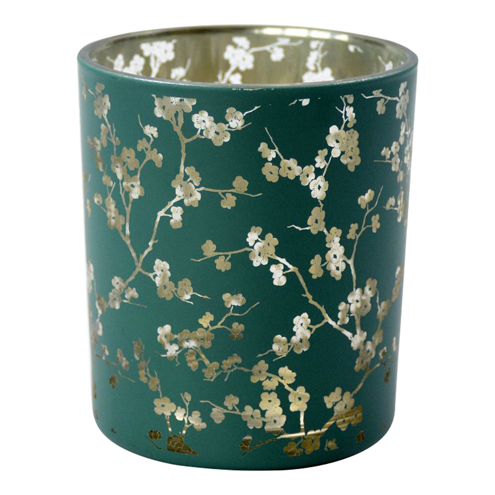 Floral Printed Glass Candle Holder With 10L String Light; (10x12.5)cm