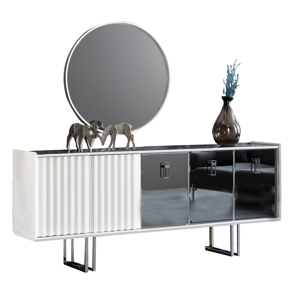 Console Table; (208x45x86+90)cm + Round Mirror, White