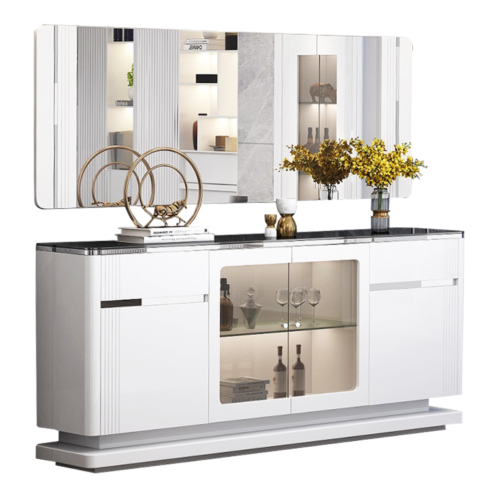 Dining Cabinet; (180x40x85)cm + Wall Mirror; 180x2.5x70cm, Glossy White