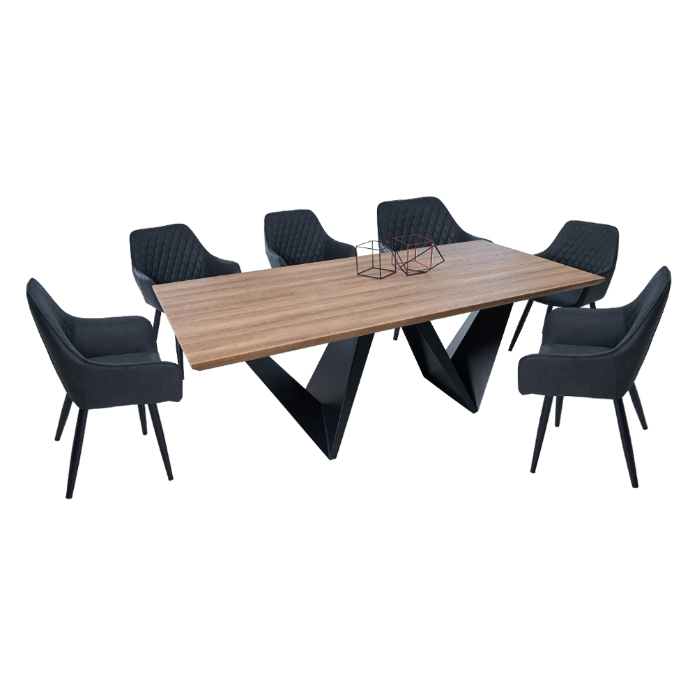Dining Table; (2.0x1.0M), Wood Top + 6 Fabric Side Chairs