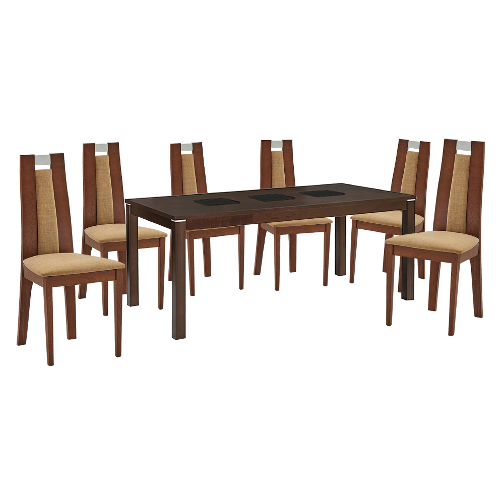 Dining Table; 1.8Metres + 6 Side Chairs, Burn Beech/Golden Honey
