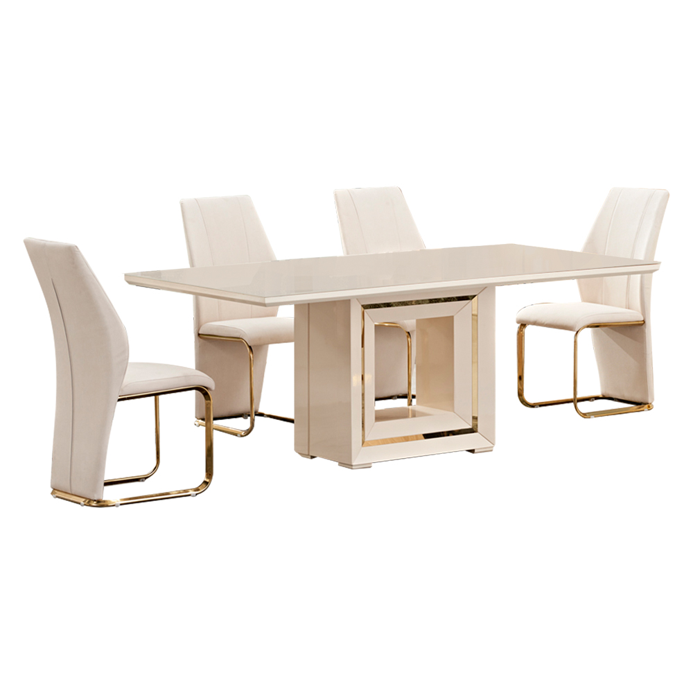 Dining Table; (200x100x76)cm + 8 Side Chairs, Glossy Beige/Gold