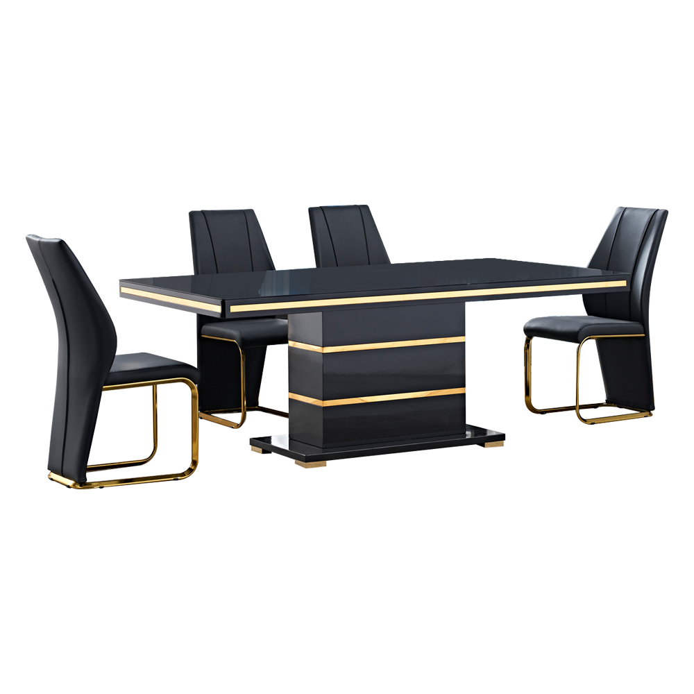 Dining Table; (200x100x76)cm + 8 Side Chairs, Glossy Black/Gold
