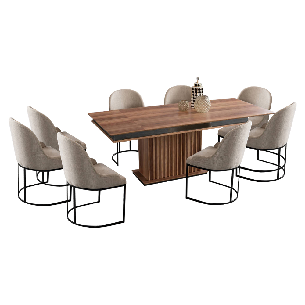 Dining Table; (220x110x77cm) + 8 Side Chairs, Brown