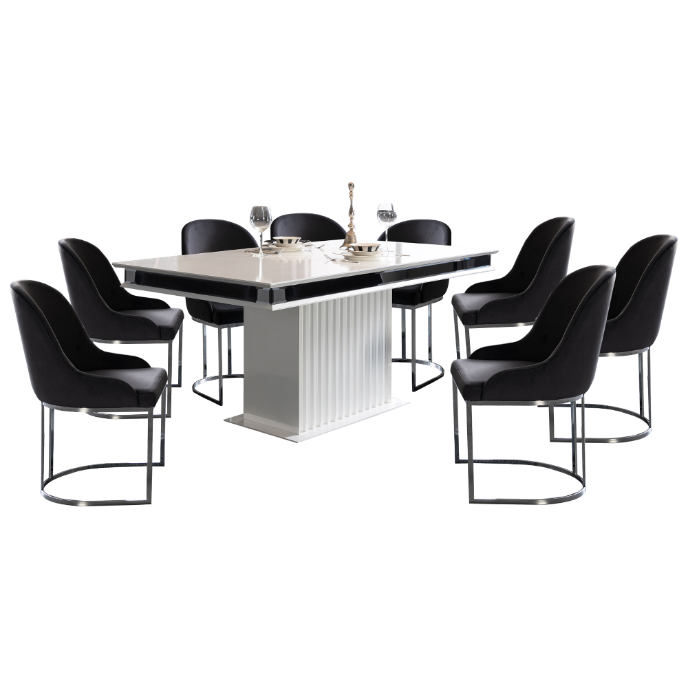 Dining Table; (220x110x77cm) + 8 Side Chairs, White