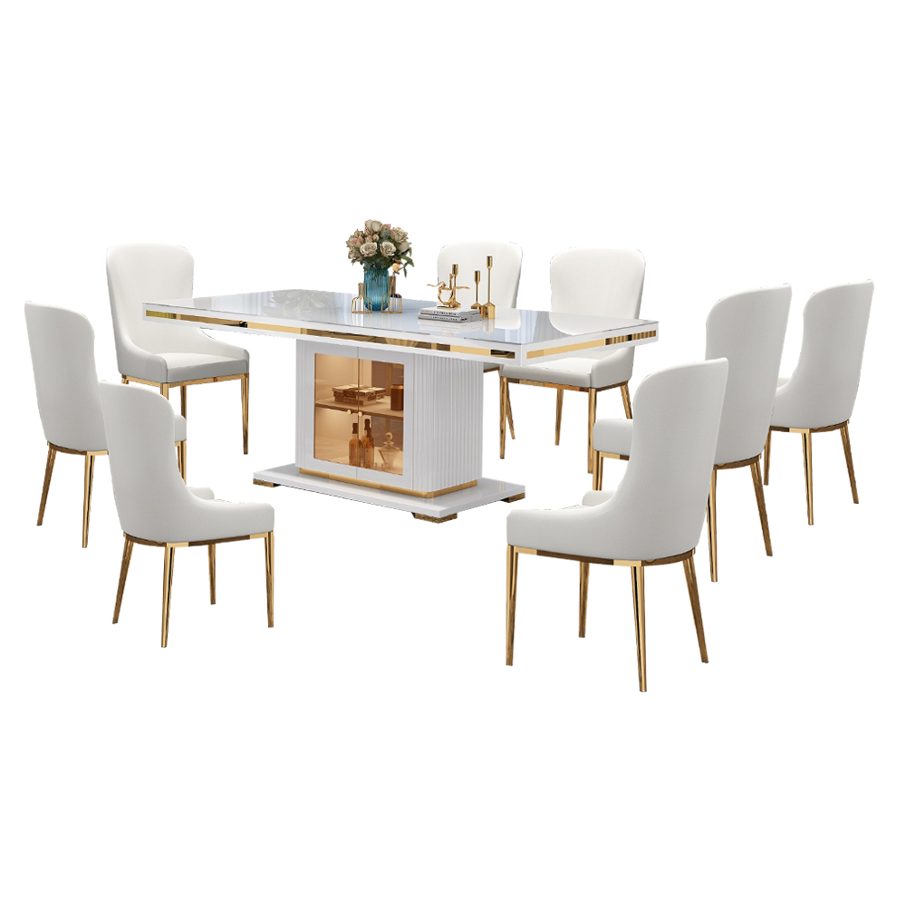 Dining Table; (200x100x75)cm + 8 Side Chairs, Glossy White/Gold