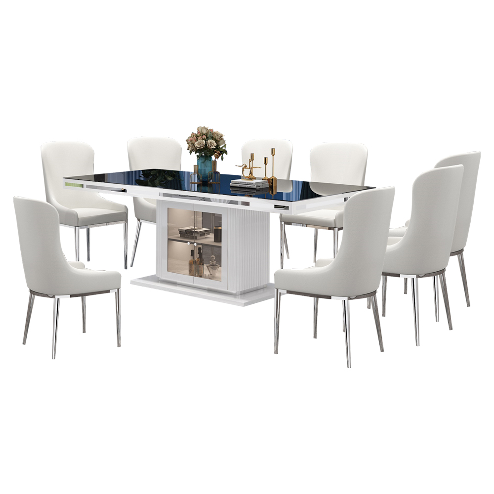 Dining Table; (200x100x75)cm + 8 Side Chairs, Glossy White/Chrome