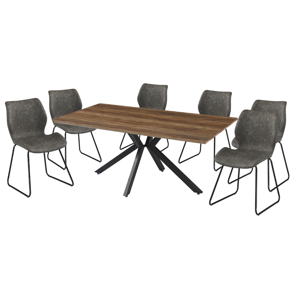 Dining Table; (1.8x0.9M), Wood Top + 6 PU Side Chairs