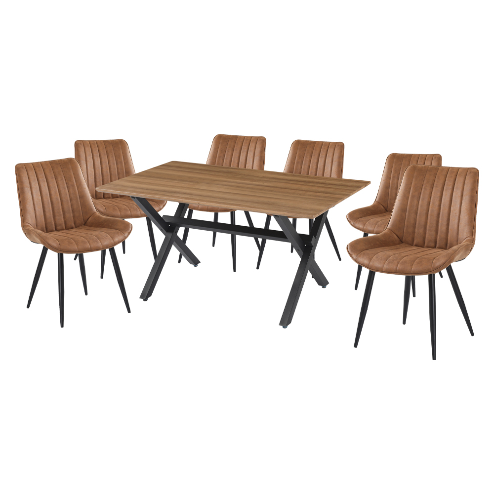Dining Table; (1.5x0.9M), Wood Top + 6 Side Chairs