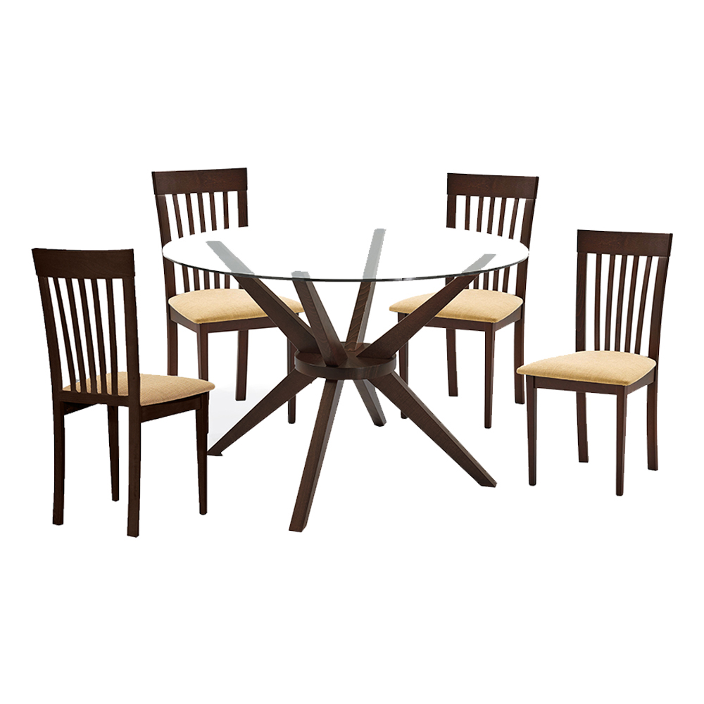 Round Dining Table -Glass Top; (Ø120x75)cm + 4 Side Chairs, Burn Beech/Magnolia