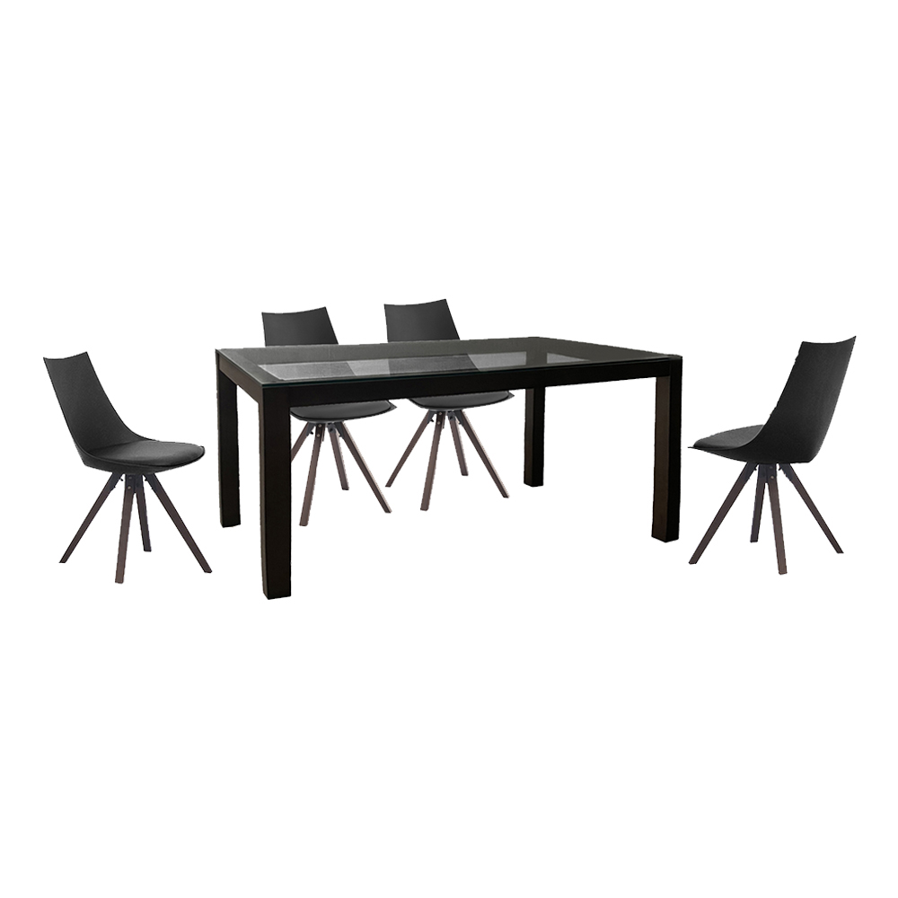 Dining Table -Glass Top; (140x80x73)cm + 4 Side Chairs, Burn Beech/Black