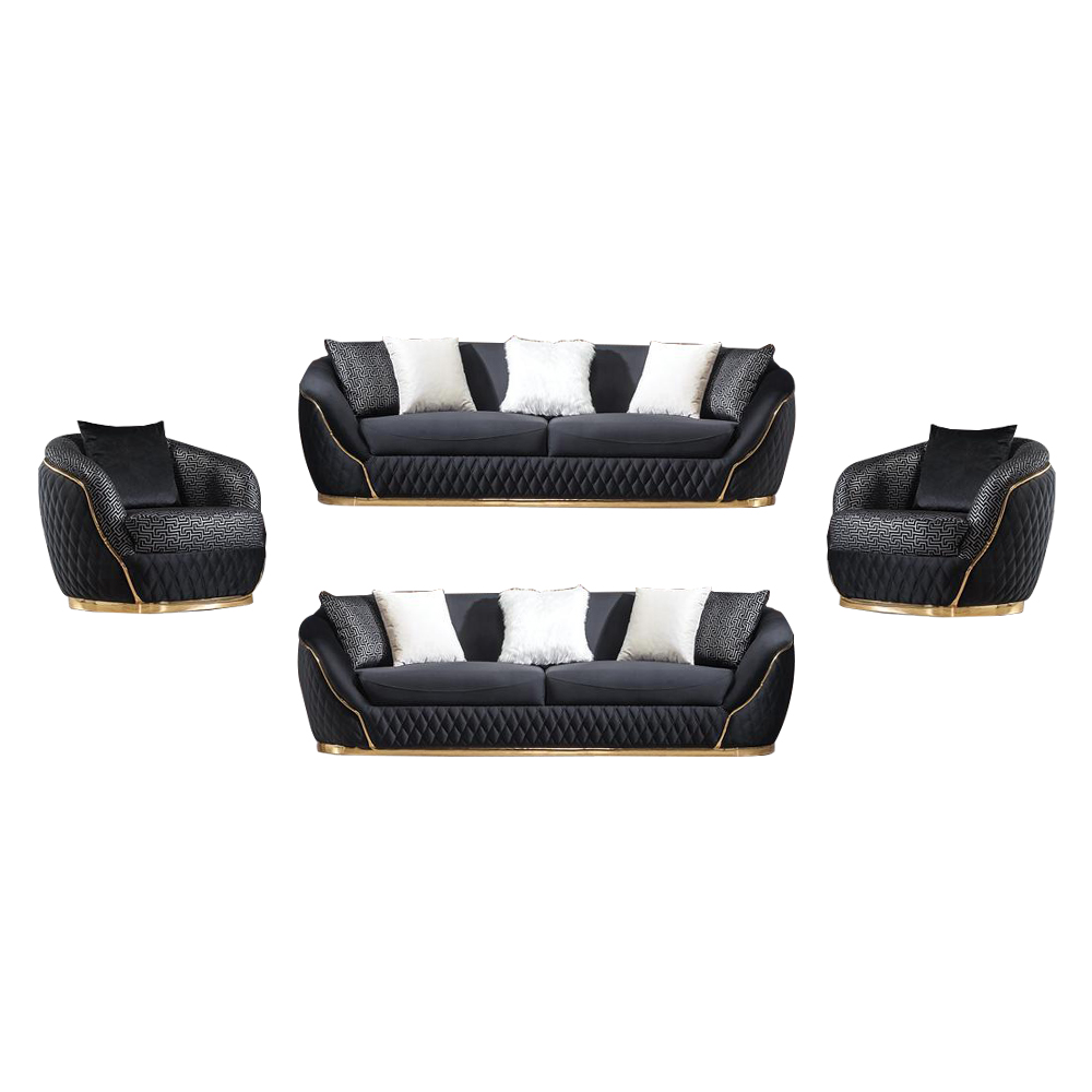 Fabric Sofa Set With Cushions: 8-Seater (3+3+1+1), Black