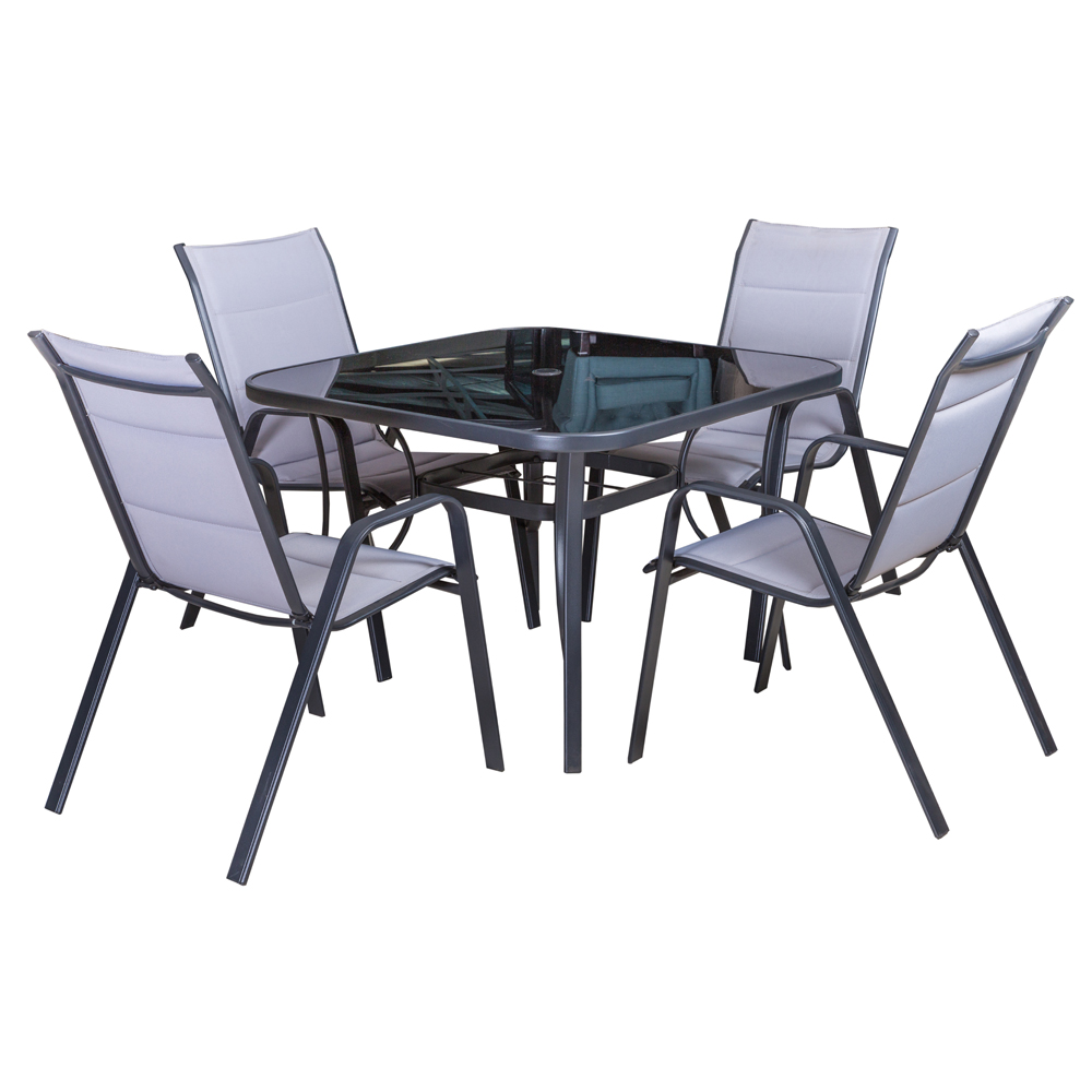 Garden Furniture Set: Outdoor Square Table (Glass Top) + 4 Side Chairs, Grey