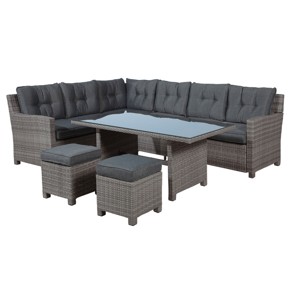 Garden Furniture Set: Blue Bird Outdoor Corner Sofa Set 6-Seater + 1 Dining Table + 2 Footstools, Dark Anthracite