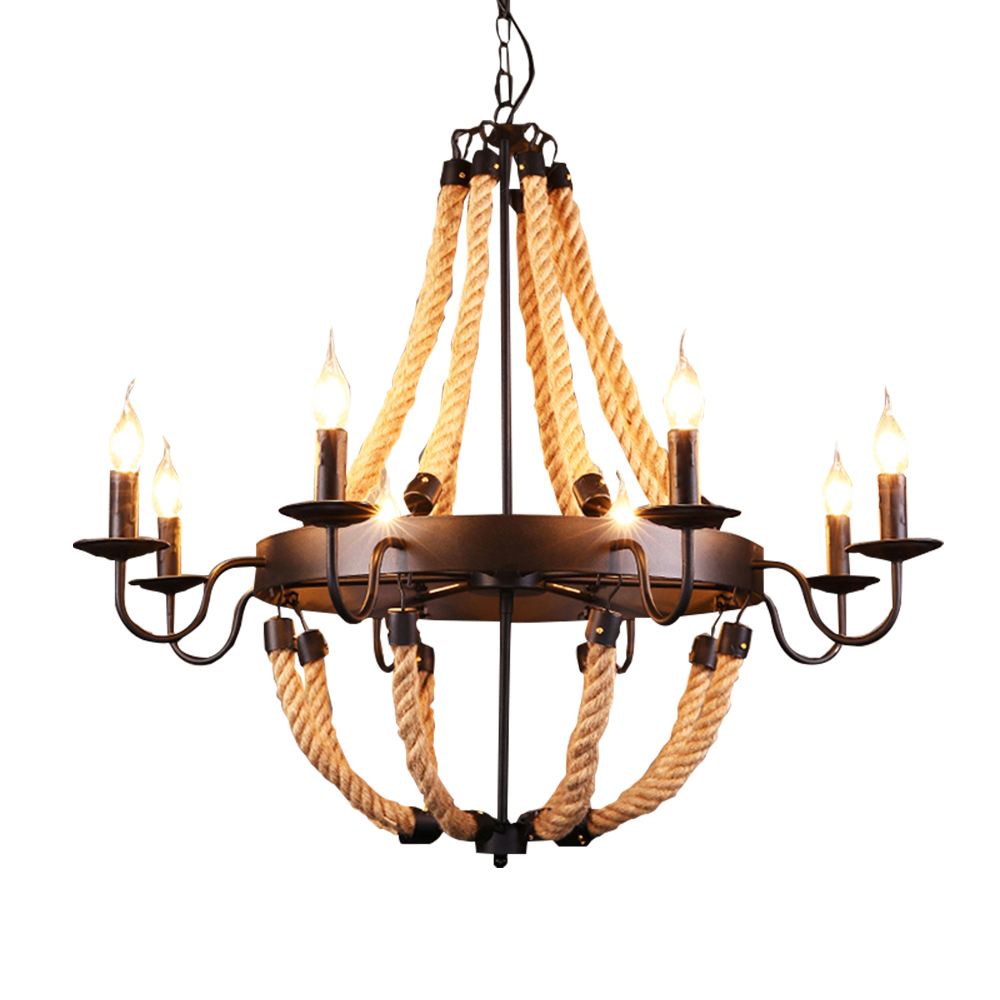 Domus: Rustic Hemp/Iron Ceiling Pendant Lamp, 6 Lights: E27, (D35xH35)cm, Black