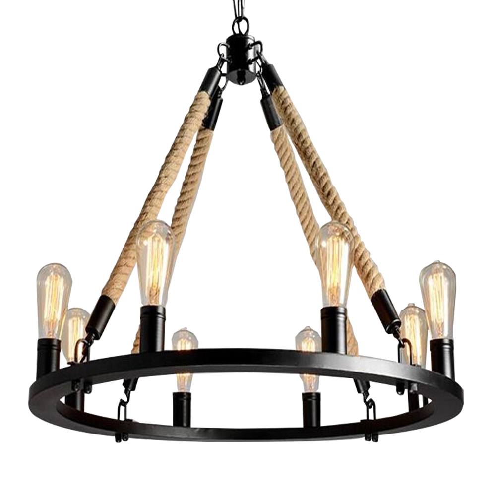 Domus: Hemp/Iron Ceiling Pendant Lamp, 8 Lights: AC85-265V, (D80xH52)cm, E27, Black