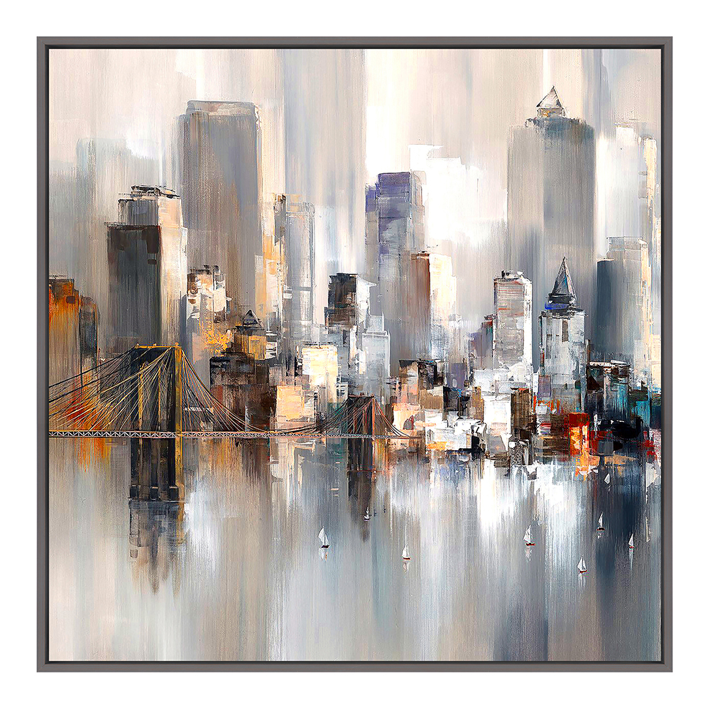 Modern City Bridge Oil/Printed Painting + Frame; (100x100)cm