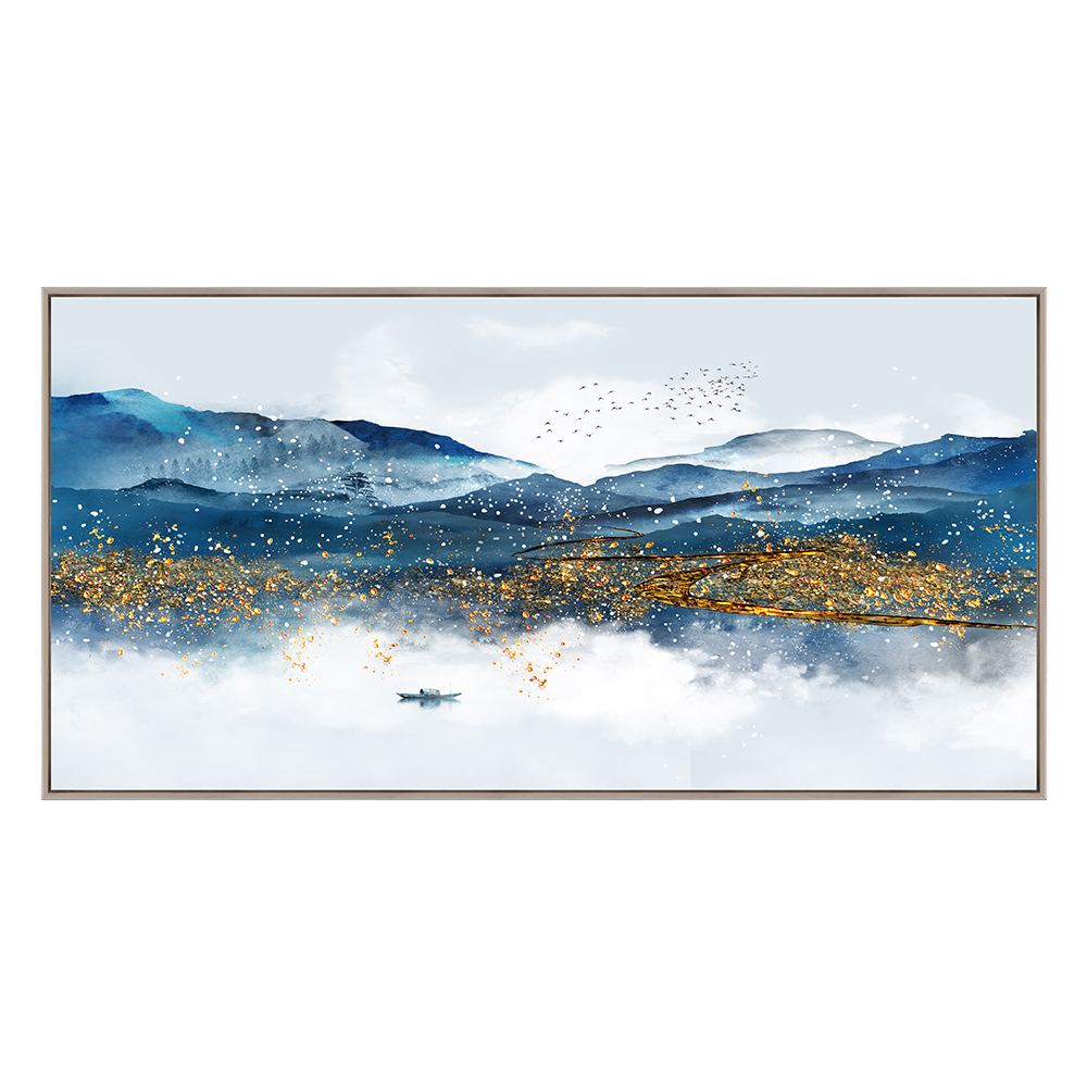 Mountain Landscape with Gold Art Printed Painting + Frame; (80x160)cm