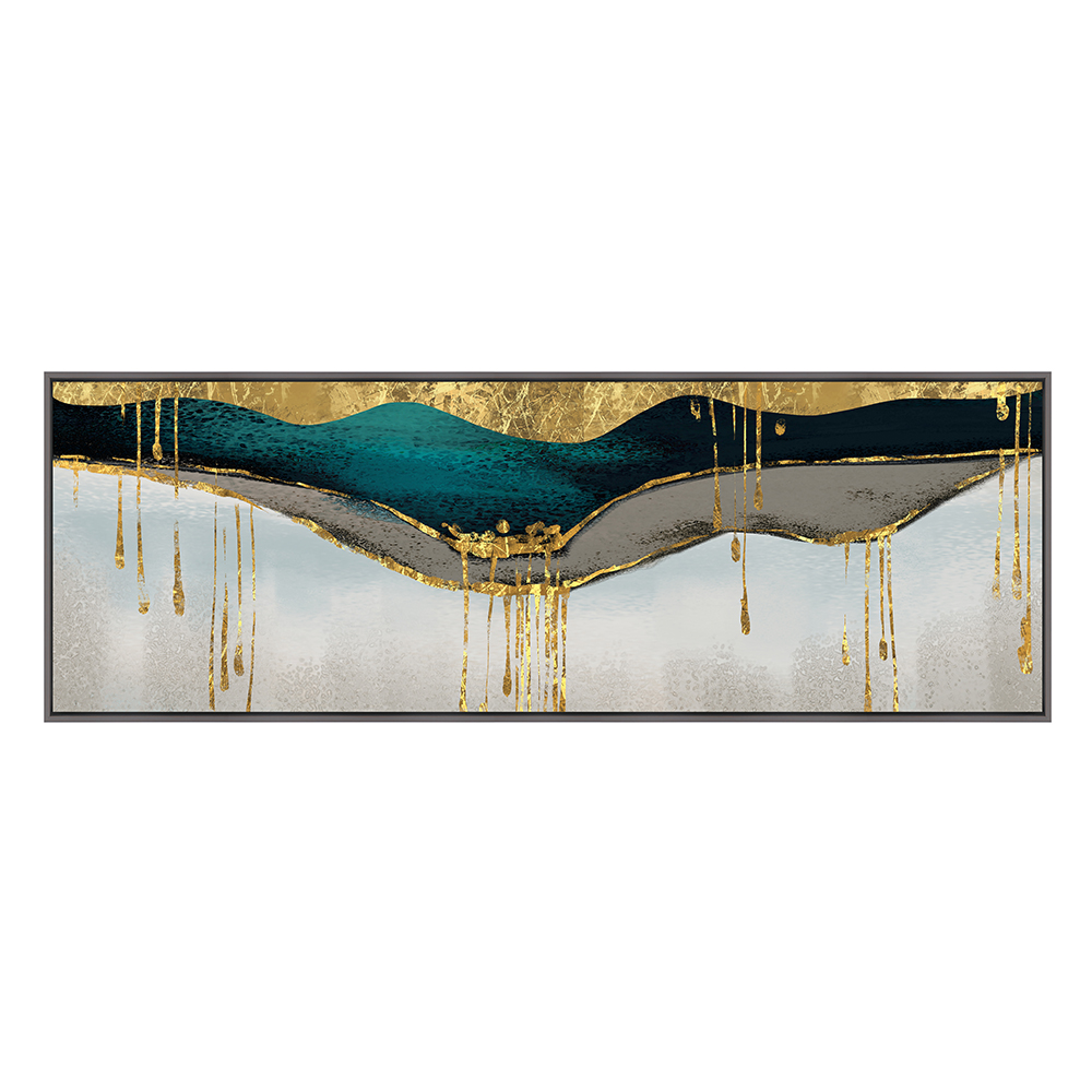 Blue and Gold drip Printed Painting + Frame; (50x150)cm