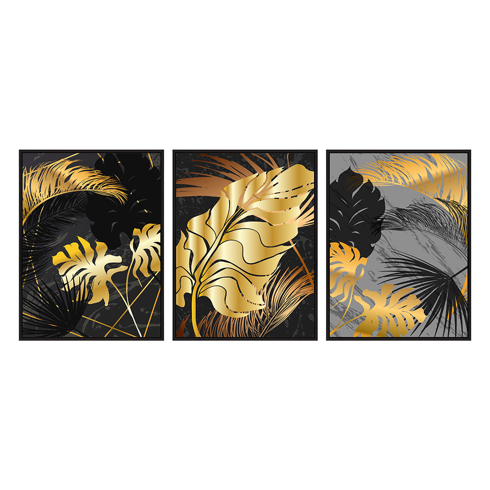 Golden Leaves Printed Painting Set, 3pcs+ Frame; (60x80)cm