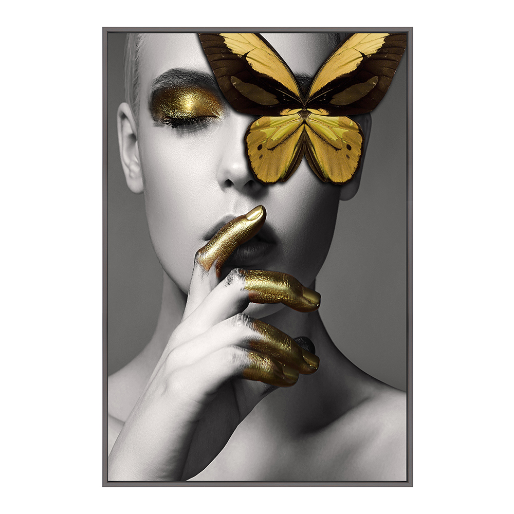 Gold Butterfly Eye Woman Printed Painting + Frame; (80x120)cm