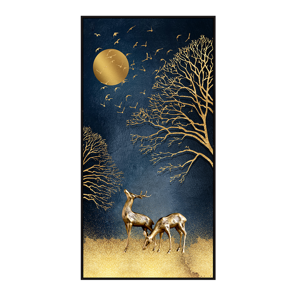 Abstract Landscape Art Blue Sky Golden Deer Art Printed Painting + Frame; (80x160)cm