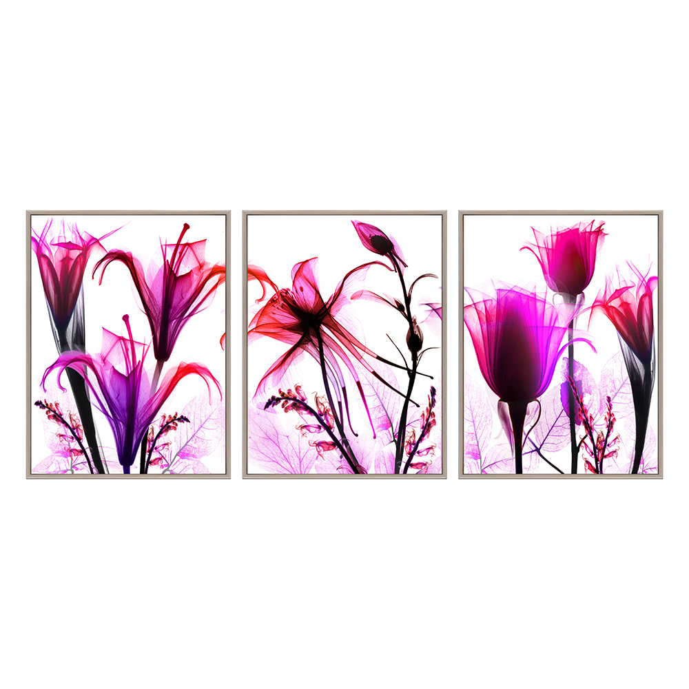 Flickering Pink Flower Printed Painting Set, 3pcs+ Frame; (60x80)cm