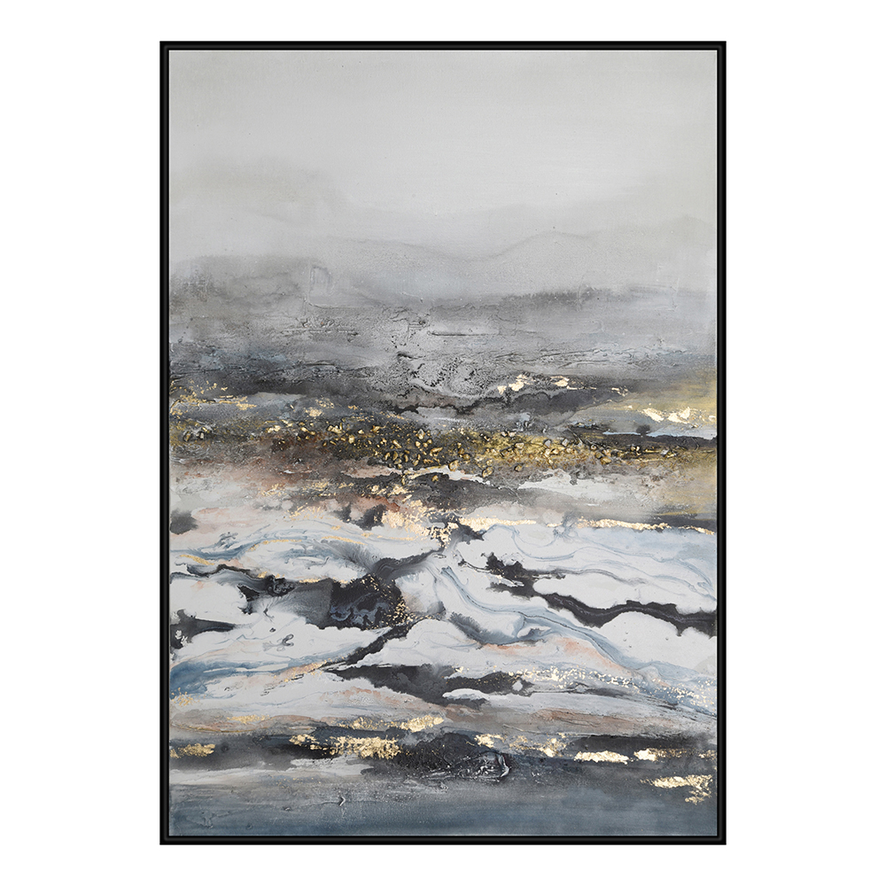Abstract Contemporary Oil Painting With Frame: (80x120x3.7)cm, Grey/Gold