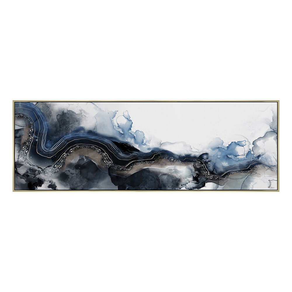 Abstract Splash Oil/Printed Painting With Frame: (150x50x3.7)cm, Blue/Grey/White
