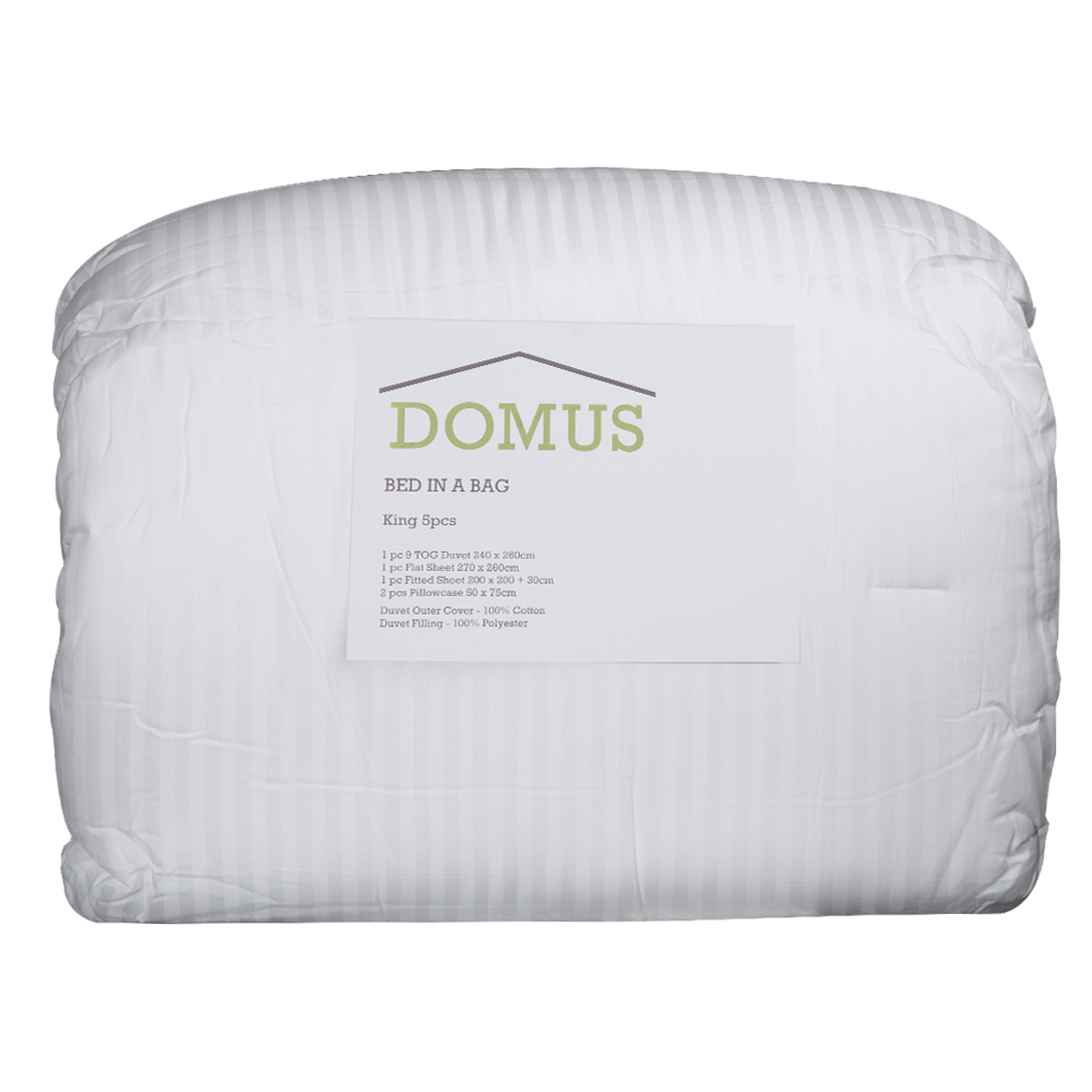 Domus: King Duvet Set 5Pcs; 9TOG 300TC Cotton Sateen Striped 1.0cm, White