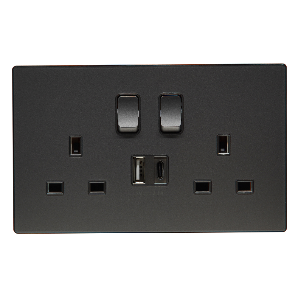 Domus: Twin 13A Socket With Double USB A & C charger, Brushed Silver
