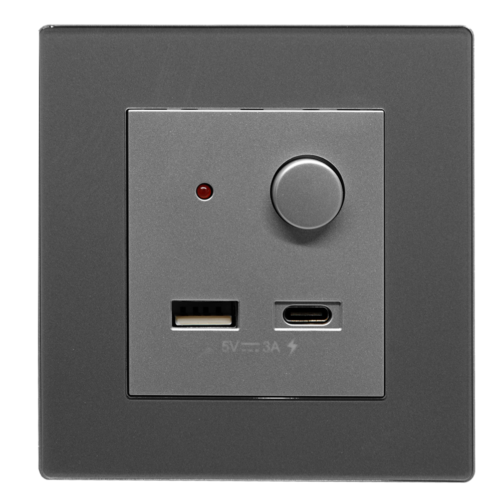 Domus: One Gang Double USB A & C Fast charger Socket: 5V, 3.1A, Brushed Silver