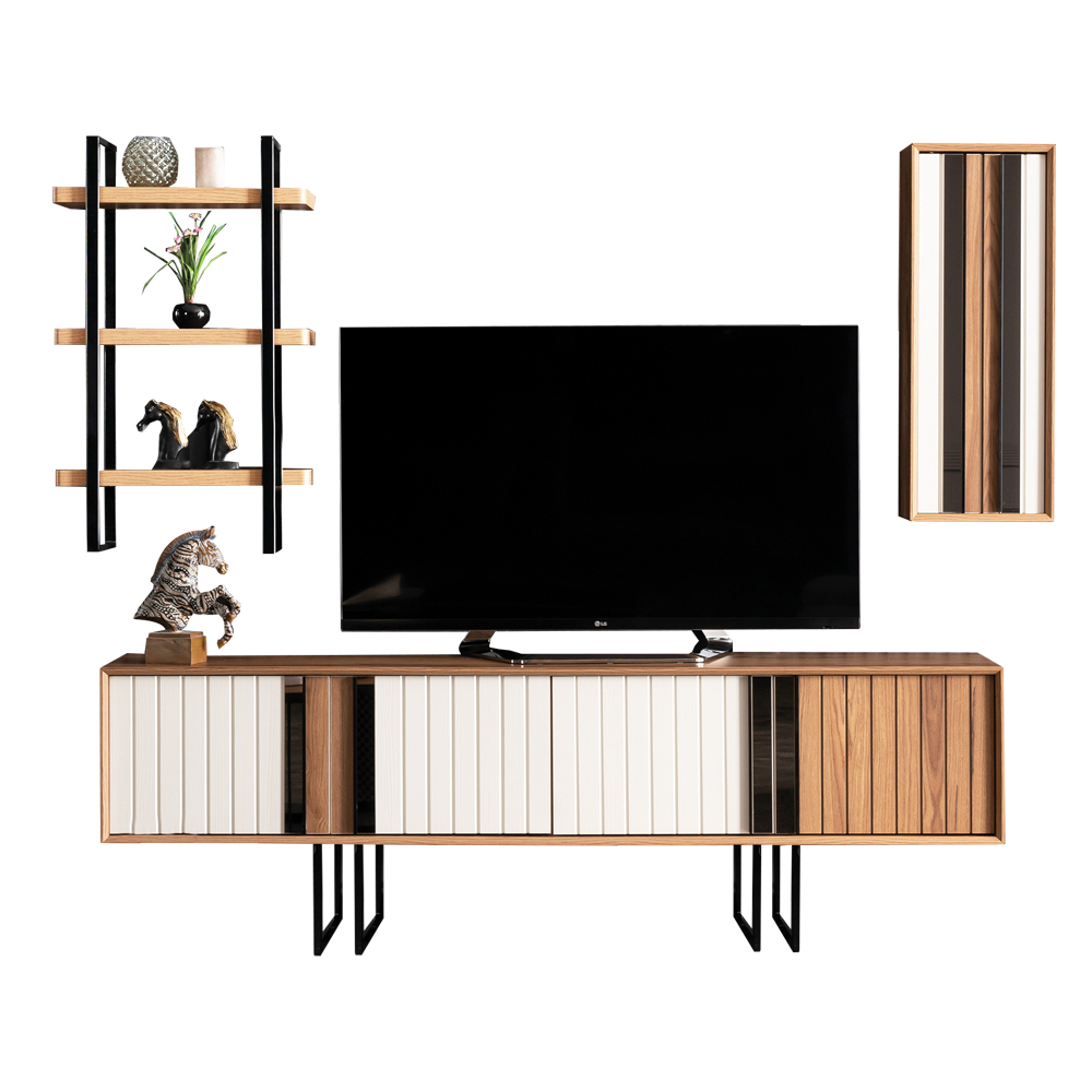 TV Cabinet; (208x46x66+98)cm, White/Brown