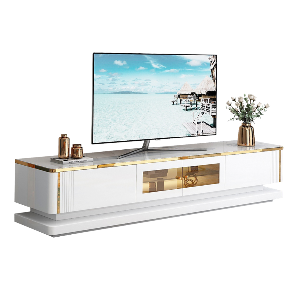 TV Cabinet; (200x40x41)cm, Glossy White/Gold