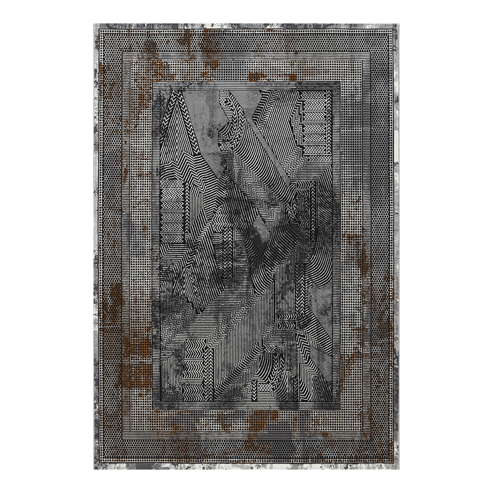 Ufuk: Retro Bordered Geometric Pattern Carpet Rug; (240x340)cm, Grey/Brown