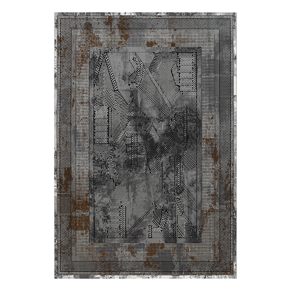 Ufuk: Retro Bordered Geometric Pattern Carpet Rug; (100x300)cm, Grey/Brown