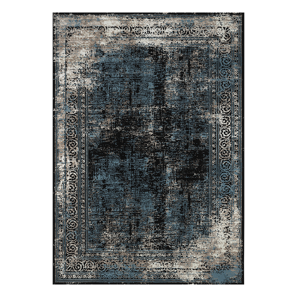 Ufuk: Retro Abstract Pattern Carpet Rug; (100x400)cm, Blue/Grey