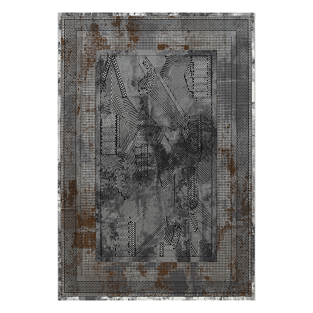 Ufuk: Retro Bordered Geometric Pattern Carpet Rug; (100x400)cm, Grey/Brown