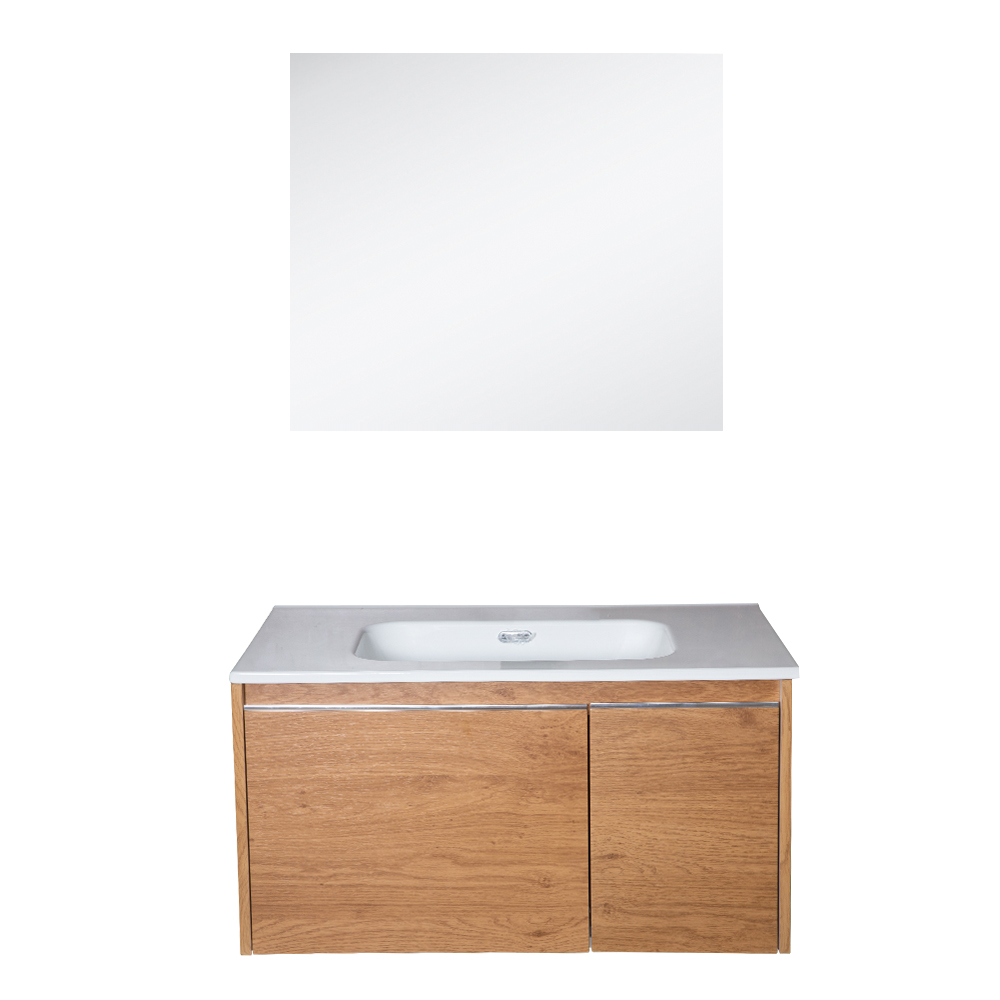 Bathroom Furniture Set: Vanity Cabinet with Wall Mirror; 800mm, Natural Walnut + Ceramic Basin, White Glossy