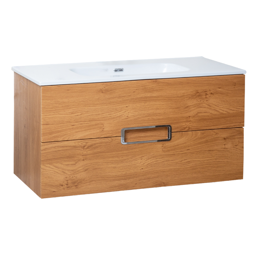 Bathroom Furniture Set: Vanity Cabinet 2-Drawers; 1000mm, Natural Walnut + Ceramic Basin, White Glossy