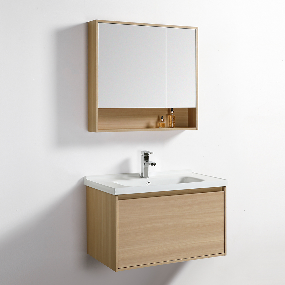 Nova: Bathroom Furniture: Mirror Cabinet; (75x70)cm + Main Cabinet; (80x52)cm + Ceramic Basin; 80cm, Burly Wood