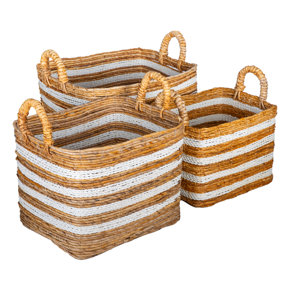 Banana Raffia Rectangle Striped Basket Set; 3pcs, White/Natural